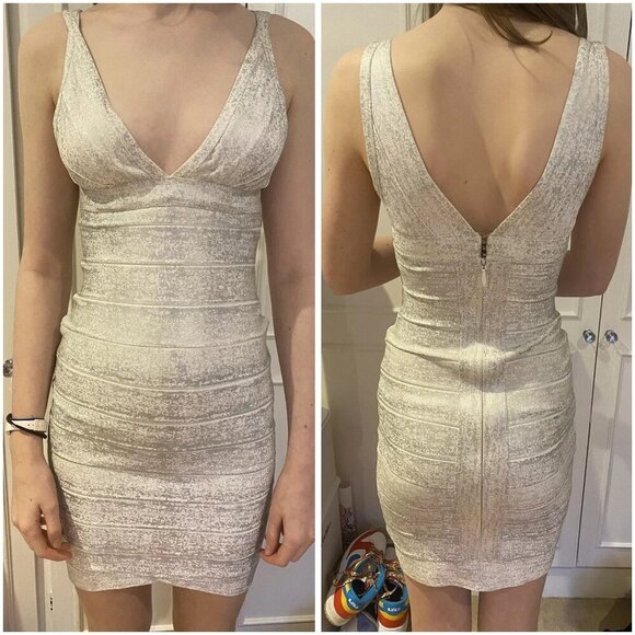 Herve Leger Beige Silver V-Neck Bandage Dress $1290 - Picture 1 of 13